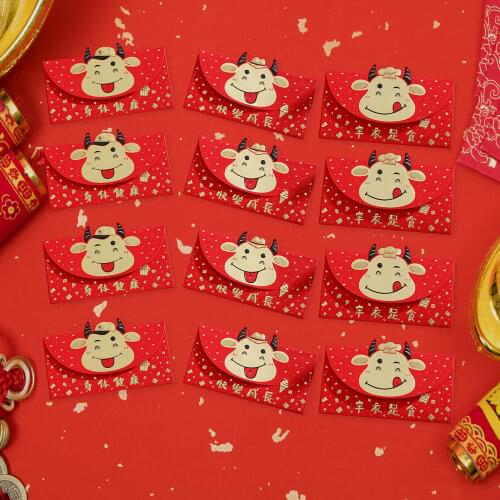 12pcs Chinese New Year Red Packet Bronzing Red Lucky Envelope 3D Cartoon OX Pattern for 2021 Spring Festival Wedding Gifts