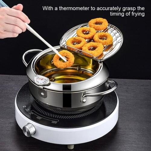 2.2/3.2L Deep Frying Pot Stainless Steel Fryer Tempura Fryer Pan Kitchen Cooking Fried Pot with Thermometer and Lid