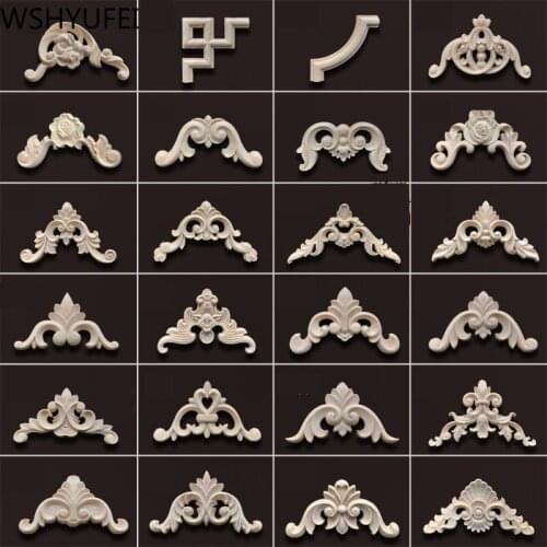 2 Pcs Carved Unpainted European Exquisite Angle wood carving Long Floral Leaves Furniture Flower piece Woodcarving Decorative