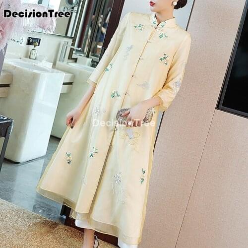2021 elegant floral embroidery qipao chiffon cheongsam chinese female mesh qipao robe oriental women evening party tang gown