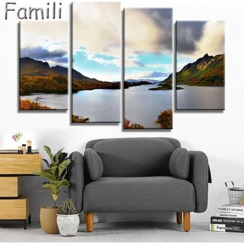4Panel norway night northern lights lake Natural landscape poster silk fabric cloth print wall sticker Wall Decor custom print