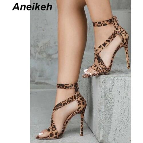 Aneikeh 2019 New Ladies Sandals Fashion Sexy Brown Leopard Fish Mouth Open Toe Buckle With Cross Straps High Heel Sandals Pumps