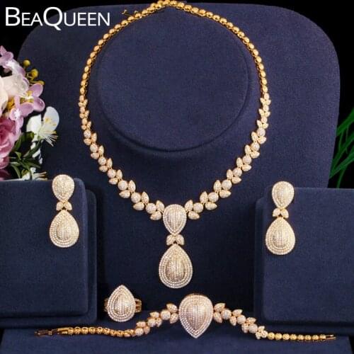 BeaQueen 4pcs Nigerian Dubai Bridal Jewelry Sets Micro Paved Cubic Zircon Big Drop Earring Necklace Bracelet and Ring Set JS249