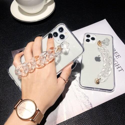 Bling Diamona Case for iPhone 11 Pro Max 11Pro XS XR X SE 2020 7 8 6 6S Plus Bracelet Chain Crystal Transparent Soft Cover Funda