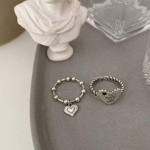 Minar 2 Designs French Letter Print Love Heart Charm Rings for Women Silver Color Metal Beads Twisted Rope Adjustable Open Ring