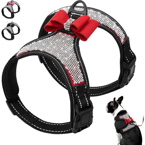 Full Rhinestone Dog Harness Soft Mesh Reflective Dog Harness Vest For Small Medium Dogs Pitbull Bulldog Bowknot Accessories