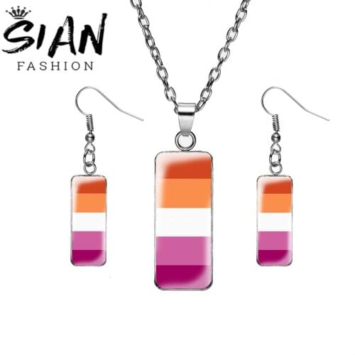SIAN Rectangle Necklace Earrings Set Bisexual Pride Art Pattern Glass Cabochon Fashion Women Gift Simple Jewelry Set Accessories