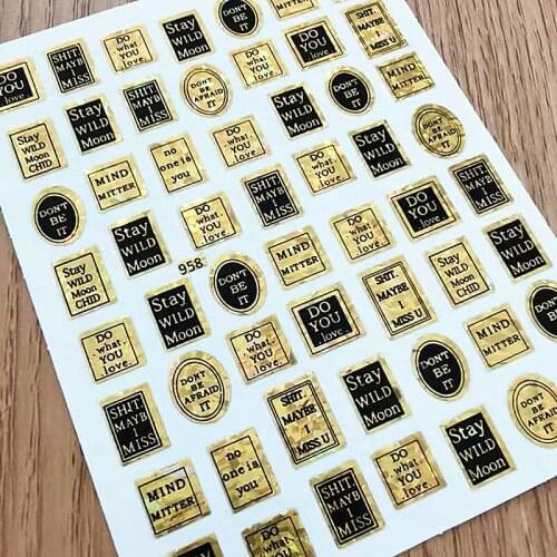 Newest 958 laser lettering design 3D nail art sticker decal stamping back gule DIY nail decoration tips
