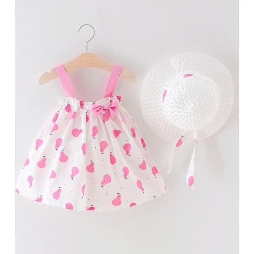 New 0-24M Casual Summer Baby Dress+hat Cotton Print Floral Pear Sleeveless Bow Infant Girl Dresses Toddler Baby Girl Clothes