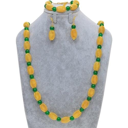 Anniyo 82cm Thick Beads Necklaces/22cm Bracelets & Earrings for Women Fashion Gold Color Ball Jewelry African Party sets #171706