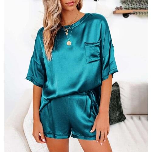 Summer Imitated Silk Pajamas Set Lady Sleepwear Solid Color Short Sleeve O Neck Pocket T-shirt Shorts Irregular Two-piece Suit