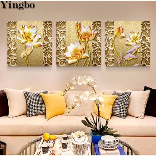 Full Square/Round Diamond Painting Golden lotus 3 Pieces Embroidery Needlework Mosaic diamond Pictures of Rhinestones decor art