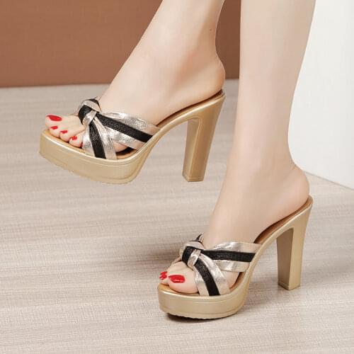 Plus Size 32-43 Open Head Block Heel Platform Slippers Summer 2021 Stripe Elegant High Heels Slides Office Party Shoes