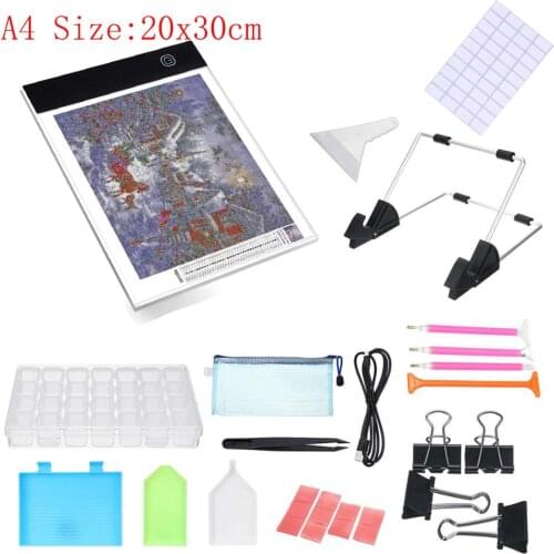 A4 LED Light Pad for Diamond Painting, USB Powered Light Board Kit, Adjustable Brightness with Detachable Stand Clips Tray glue
