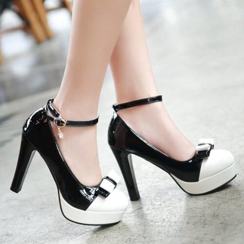 High Heels Platform Womens Shoes Patent Leather Ankle Strap Women Pumps Spring Round Toe Buckle Strap Ladies Dress Footwear
