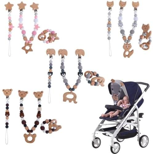 3Pcs Baby Stroller Hanging Clip Pendant Rattle Pacifier Chain Wood Ring Bracelet P31B