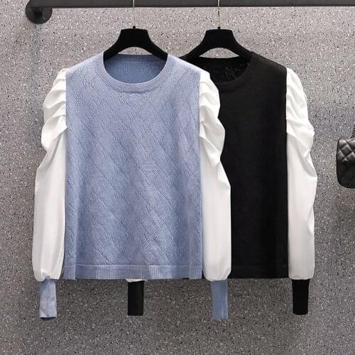 Black Blue Knitted Stitch Long Sleeved Plus Size Korean Autumn Elegant Fashion Blouses And Tops WomenS Oversize Shirt Clothing