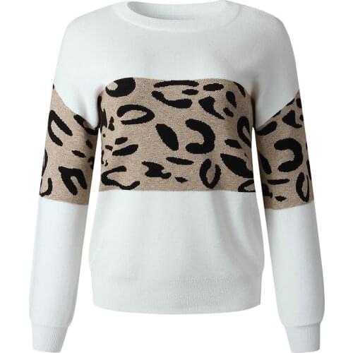 Women Pullovers Casual Knitwear Pullover Long Sleeve O Neck Leopard Patchwork Sweater Jumpers Ladys Clothing Autumn Winter