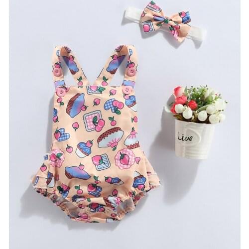 Lovely Baby Romper with Hairband, Kids Summer Cartoon Cake Print Sleeveless Off Shoulder Bodysuit+ Headband, 0-24 Months