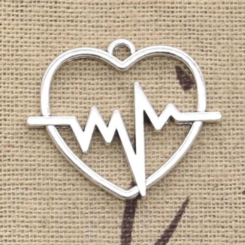 12pcs Charms Heart Heartbeat ECG 25x30mm Antique Silver Color Plated Pendants Making DIY Handmade Tibetan Silver Color Jewelry