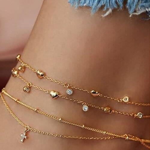 4 Pcs/Set Fashion Gold Heart Crystal Anklets Set Sweet Summer Beach Barefoot Sandals Foot Chain Ankle Bracelet Jewelry Gifts
