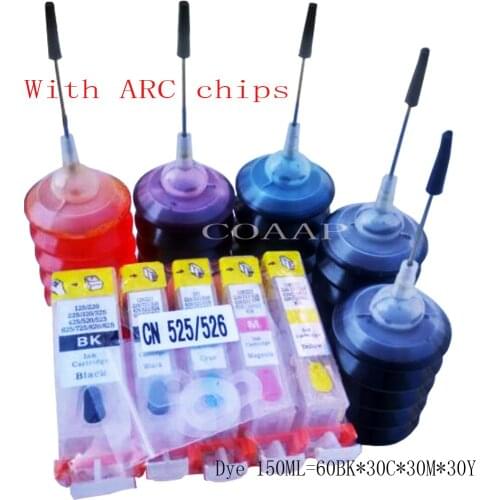 5pk Compatible canon 525 526 Refillable cartridge + Dye 150ML inks for Pixma MG6220 MG6250 MG8120 MG8150 MG8220 MG8250 Printer