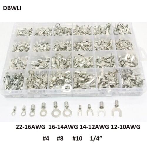 720pcs Non-insulated Ring Fork U-type Terminals Assortment Kit Crimp Spade Set #4 #8 #10 1/4" Lug Cable Wire Connector