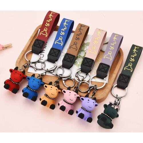 2021 Resin Sitting Calf Keychain ox year zodiac year ornaments Men and Women Bag Pendant Car Key Chain Ring Gifts