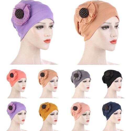 Women Breathe Hat Muslim Womens Hijabs Turban Flower Elastic Cloth Head Cap Hat Ladies Hair Plain Muslim Scarf Cap Wholesale
