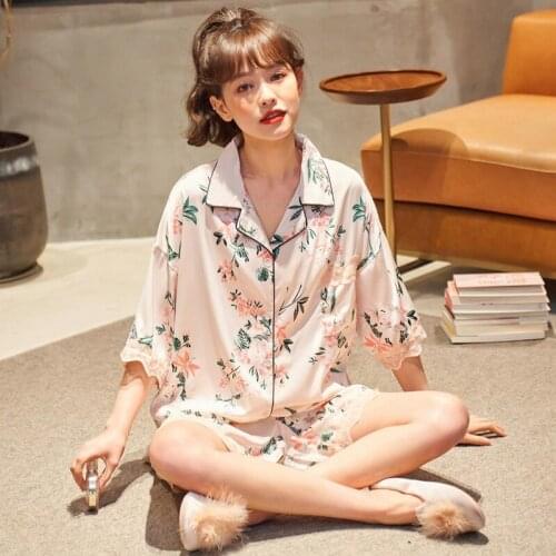 Short Sleeve Silk Satin Print Pajama Sets for Women 2021 Summer Shorts Sleepwear Suit Pyjamas Homewear Pijama Mujer Home Clothes