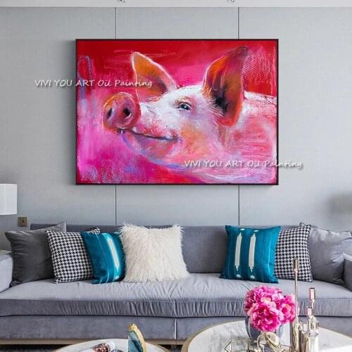 Large Size Hand-painted Abstract Animal Pink Pig Oil Painting on Canvas for Living Room Decoration Abstract Artworks Painted Art