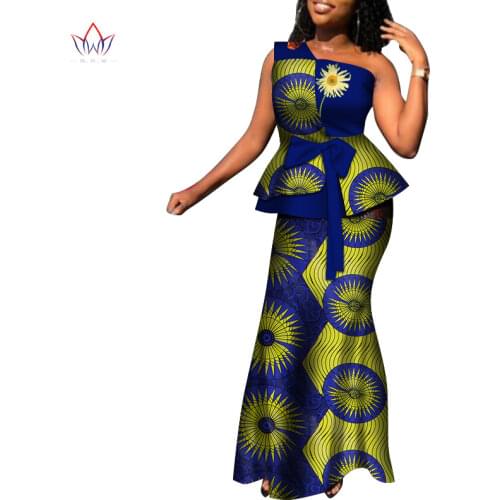 African Sleeveless Print Tops and Skirt Sets for Women Bazin Riche African Clothing 2 Pieces Customize Skirts Sets Dress WY6572
