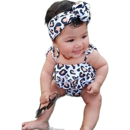 Girls And Childrens Summer Style White Leopard Swimsuit Headscarf Split One-Piece Swimsuit Two Sets Toddler Swim Suits