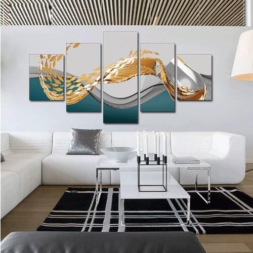 No Framed 5 Pieces Modular Wine Glass Golden Fish Canvas Art Painting Printed Modern Wall Decorative Posters Pictures Home Decor