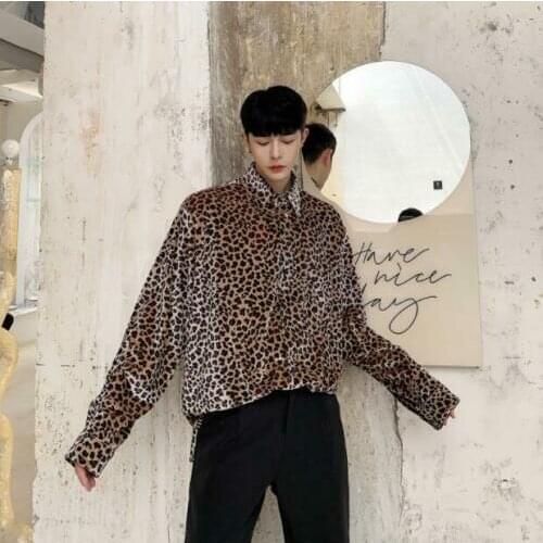 Mens Spring Autumn New Fashion Leopard Print Shirt Long Sleeve Loose Shirts Tops