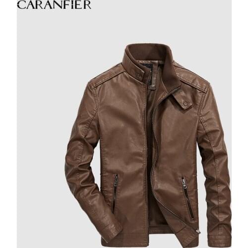 CARANFIER Men Winter Faux Fur Collar PU Leather Jacket Men Thick Warm Velvet Mens Jackets Coat Vintage Male Casual Motorcycle