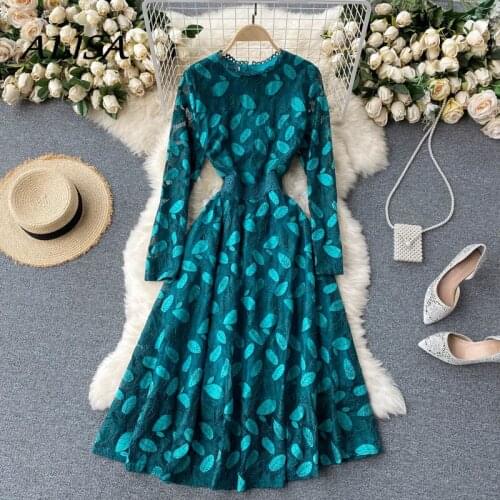 New Women Vintage Dress O-neck Long Sleeve Lace Elegant Long Dresses Woman Print Bohemian Slim Party Dress Vestidos Mujer