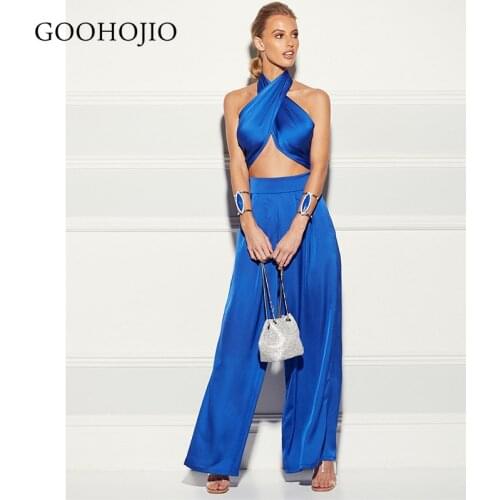 GOOHOJIO 2021 New Spring Autumn Sexy Breast Wrap Clothing Women Wide Leg Pants Suit Women Two-piece Satin Chic Suit for Ladies