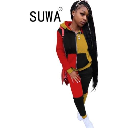 2021 Spring New Trendy Women 2 Two Piece Set Contrast Color Outfits Fashion Hooded Full Sleeve Jackets+Jogger Pant Co-ord Suits