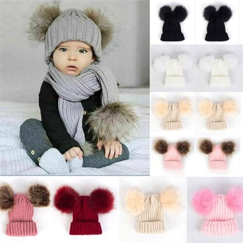 Autumn Winter Kids Girls Boys Hats 14 Colors Knit Solid Double Wool Ball Hat Cute Boy Girl Soft Cap Kids Knit Caps