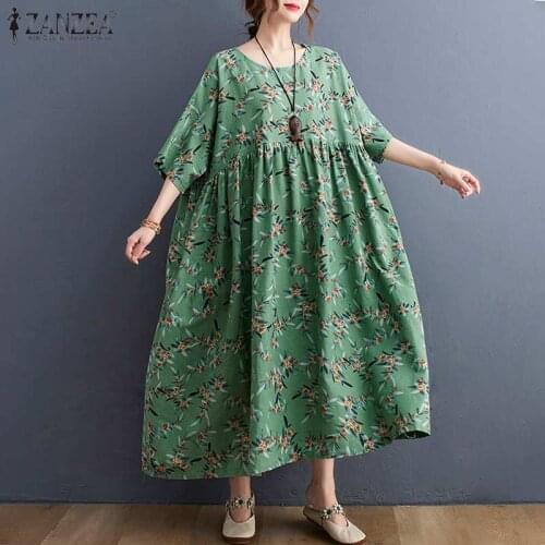 ZANZEA Summer Floral Dress Elegant Womens Printed Sundress Short Sleeve Mid-Claf Vestidos Female Casual Baggy Robe