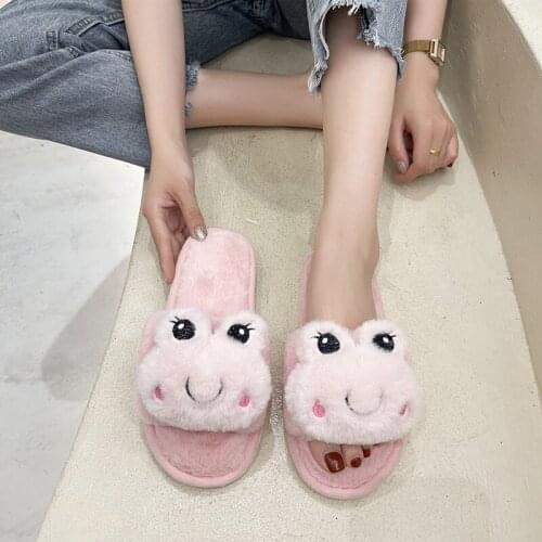 Winter Women Warm Plush Home Slippers Cute Cartoon frog Slippers Lady Indoor Flat Flip Flops Casual Soft Non-Slip Female Shoes