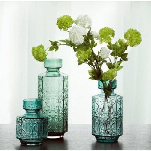 American Country Blue Creative Embossed Glass Vase Personality Fashion Transparent Glass Vase Living Room Decorative Vase Q285