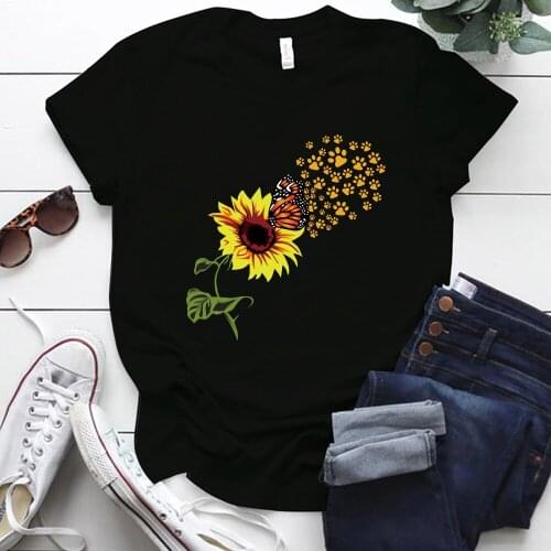 Butterfly Sunflowers Print Women T-shirt Short Sleeve Vogue Summer Tee Shirt Femme Graphic Ladies Tops 2021 Woman Clothes