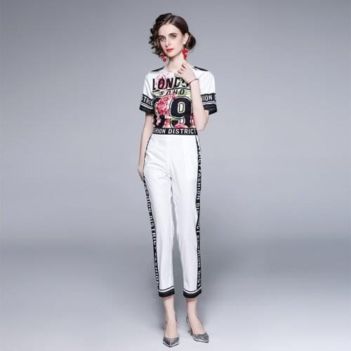 Menahem Two Piece Outfits Floral Letter Print Sport Suits 2021 Summer Women Short Sleeve T-Shirts + Pocket Long Pant Tracksuit