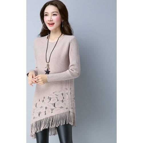 Womens Knit Sweater Autumn Winter Spring Long Knit Sweater coat Korean Round Neck tassel Pullover Womens Knit Dress Wild A505