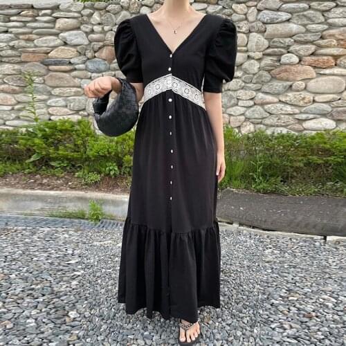 Sannian Women Dress Summer New Elegance V-neck Lace Splicing Design Single-breasted Bubble Sleeve Dresses Ladies Clothes