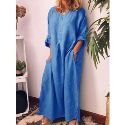 Womens cotton and linen solid color loose dress