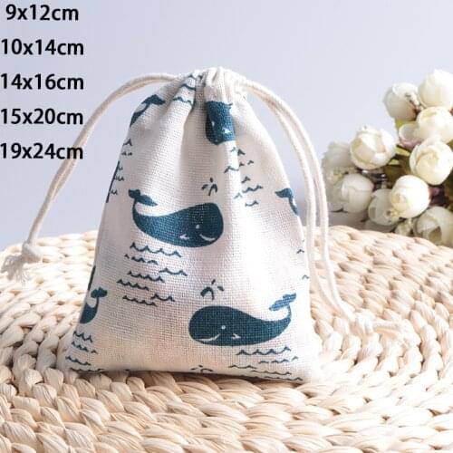 10pcs/Lot 9x12 10x14 14x16 15x20 19x24 Cotton Linen Jute Pouch Bag Gift Packaing Jewelry Cosmetic Fabric Bags Whale Print