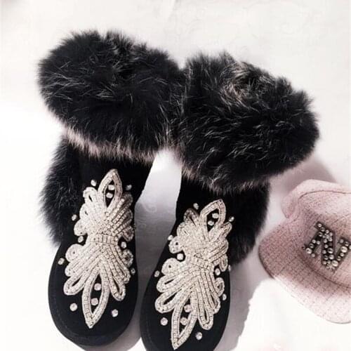 19 autumn and winter new luxury rhinestones full of real fox fur leather snow boots cotton shoes high snow boots